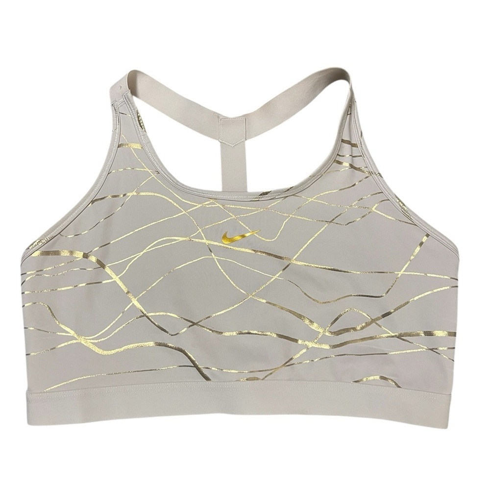 Nike swoosh icon clash sports bra in cream and gold metallic